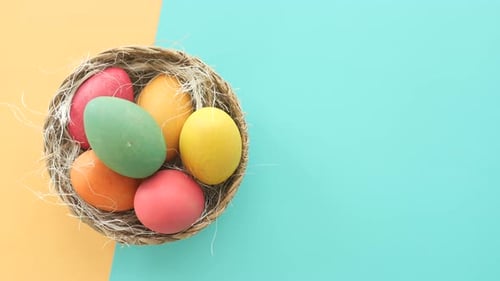 Colorful Easter Eggs in Nest, Flat Lay