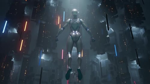 Futuristic Cyborg Ascending Through Digital Data Architecture