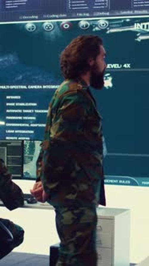 Man in Camouflage Uniform at Computer Workstation