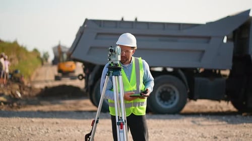 Surveyor Engineer Using Theodolite and Tablet on Construction Site