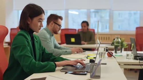 Side View of Multiethnic Developers Coding Laptop in Modern Office Serious Diverse Men and Women