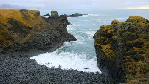 Ocean Waves Crashing on Black Volcanic Cliff Iceland Nature
