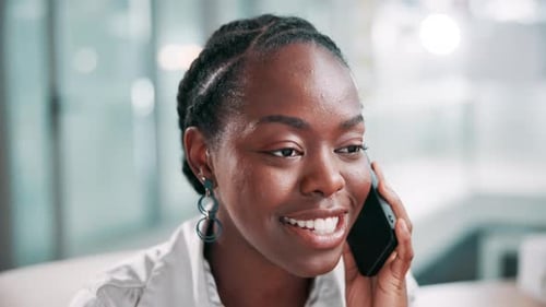 Smile, business and black woman with phone call in office for discussion
