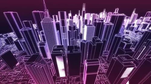 Futuristic Wireframe Cityscape Animation with Neon Glow