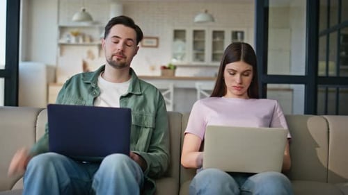 Remote Workers Texting Laptops at Living Room Interior Closeup Man Yawning