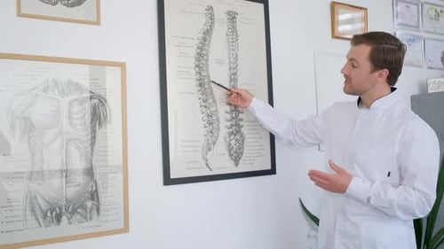 A Vertebrologist Shows the Skeleton and Structure of the Spine on the Stand