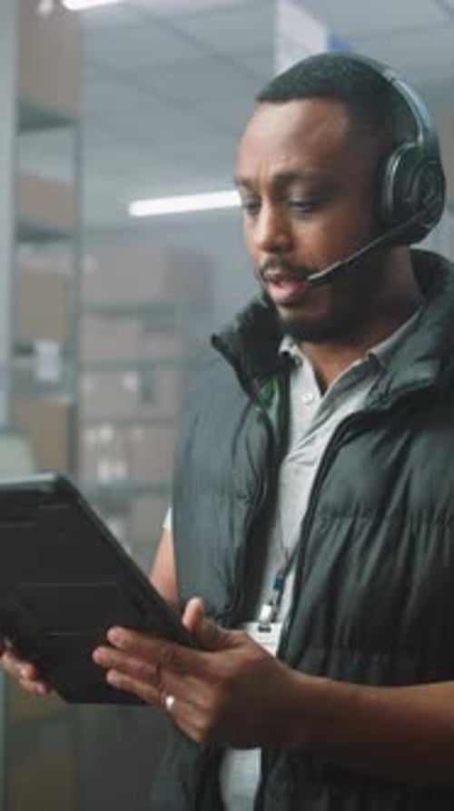 Young Adult with Tablet and Headset in Warehouse
