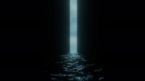 Light revealing cloudy sky through narrow water passage