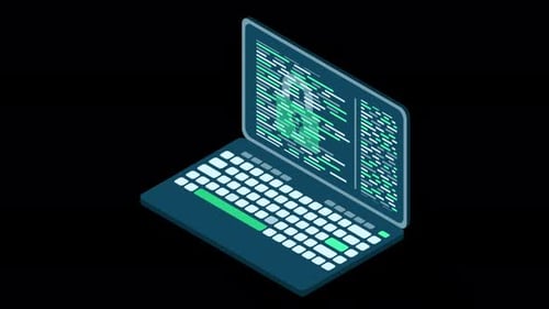 Isometric laptop with coding. Cyber security and data protection. Laptop with programming code