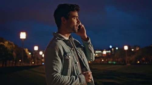 Carefree Guy Calling Evening Town Close Up Happy Italian Macho Talking Phone