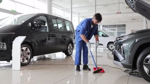 Un concierge professionnel balaie le sol dans la salle d'exposition d'un concessionnaire automobile