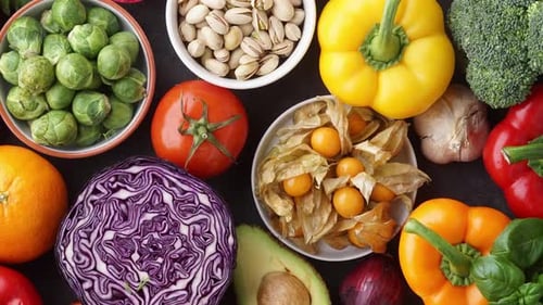 Overhead Flat Lay of Colorful Fresh Vegetables and Fruits