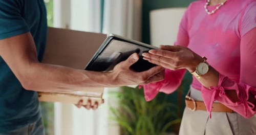 Digital signature, delivery man and tablet with hands of customer in house for logistics