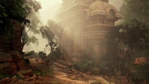 Peinture des ruines d'un ancien temple dans la forêt