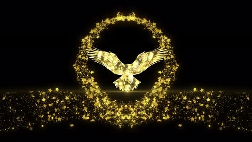 Majestätischer Steinadler mit schimmernden goldenen Sternen und abstrakten Partikeln auf dunklem Hintergrund