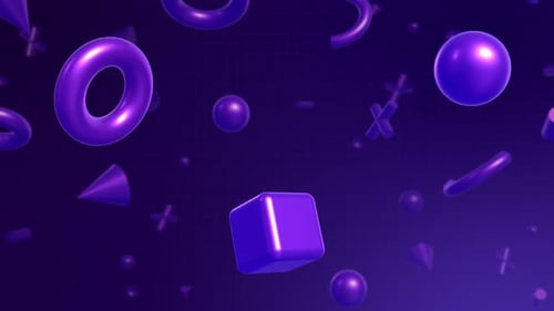 Floating Glossy Purple 3D Geometric Shapes on Blue Grid Background – Abstract Modern Animation Loop