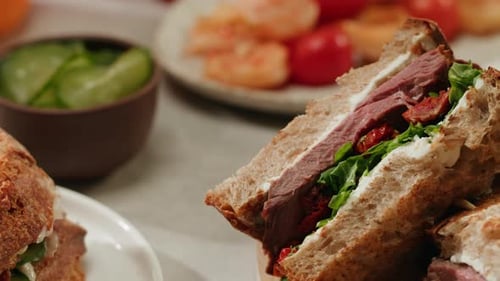 American Pastrami Sandwich with Ham Meet Cuts in Restaurant Cooking Famous Thick Cut Sous Vide Beef