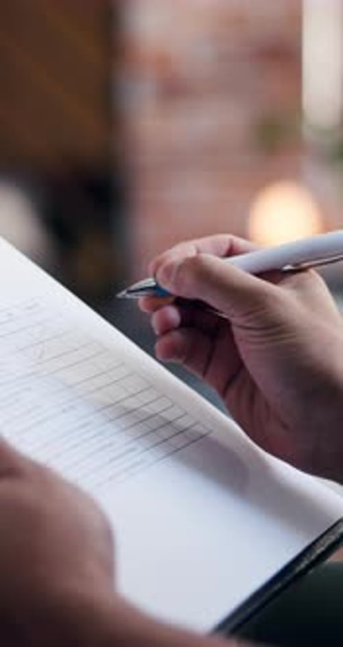 Medical form, pen and hands of person in clinic for survey, history or administration information