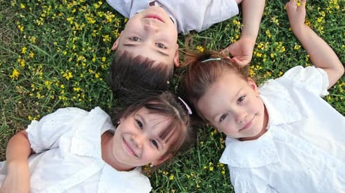 group of kids lying on grass head to head in circle and smiling, top view.