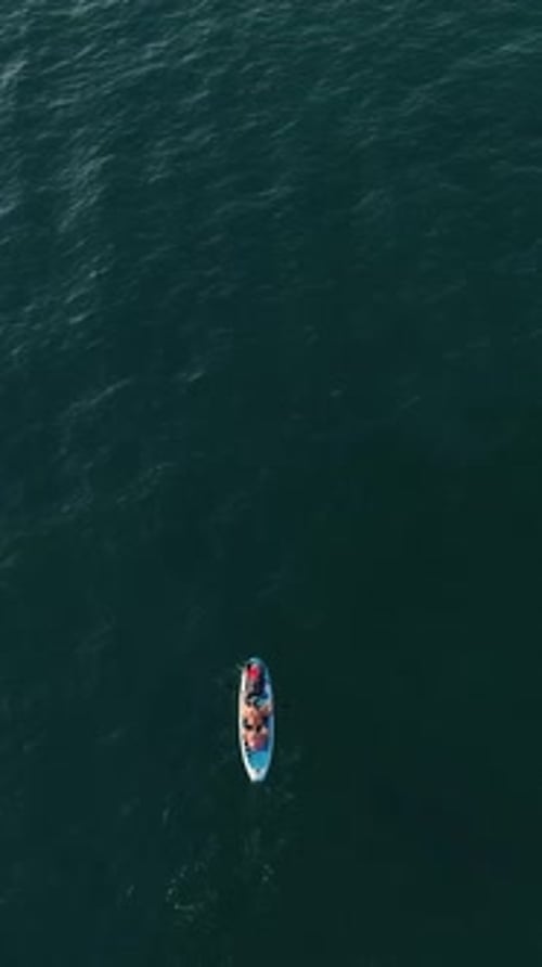 Vertical Video SUP Sunset Romance Aerial Perspective of Couple Embracing the Sea