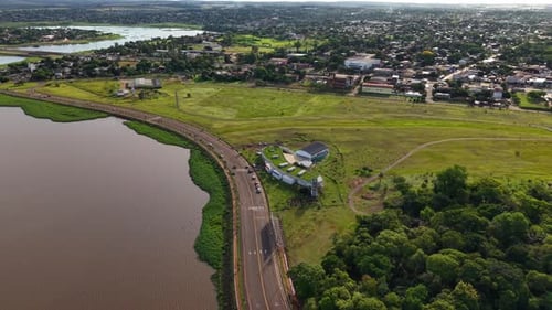 Downward tilted aerial over School of Innovation in Posadas, Argentina