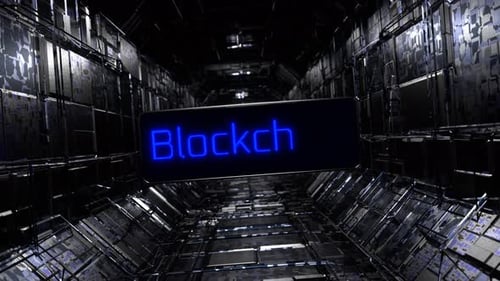 Движение камеры по технологическому туннелю. Концепция технологии блокчейн. Изменение надписи