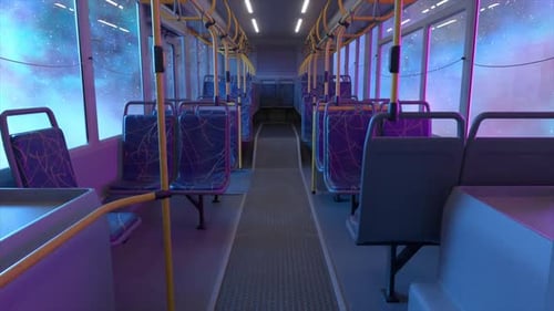 Un bus de passagers vide survole une nébuleuse cosmique vibrante, révélant un voyage interstellaire surréaliste