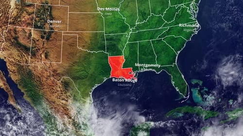 Animated USA Map with Highlighted Louisiana State and Capital City
