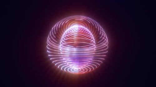 Abstraktes leuchtendes, schleifenförmiges Licht, High-Tech-Energie, lila, runde Kugel, Kugel, Atomgerinnsel