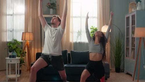 Active Married Young Couple Sport Family Hispanic Woman Female Fitness Girl Wife and Caucasian Guy
