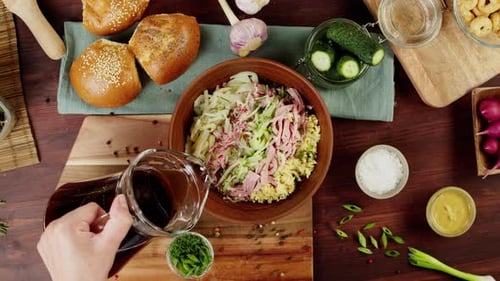 Traditional Russian Cuisine Hands Taking Bowl with Okroshka Salad Summer Cold Soup Ukrainian Food