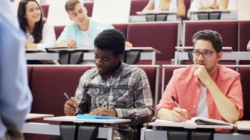 Group of International Students with Notebooks and Teacher Sitting in Lecture Hall