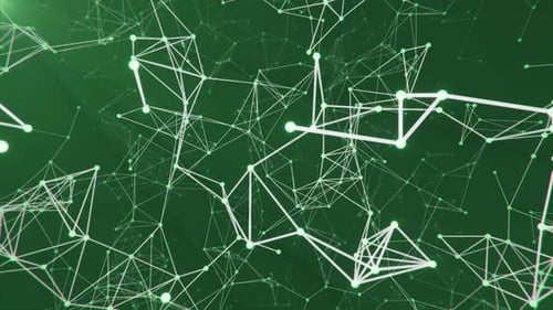 Network connected data tunnel. Plexus of moving glowing lines and dots, looped