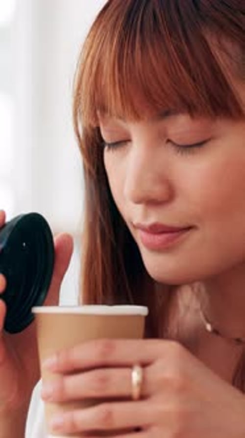 Aroma, calm and woman with coffee in cafe with satisfaction, relax and peace in morning