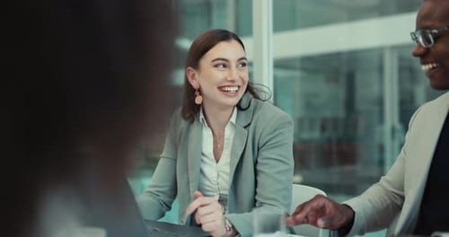 Business meeting, team collaboration and happy woman listening to funny joke
