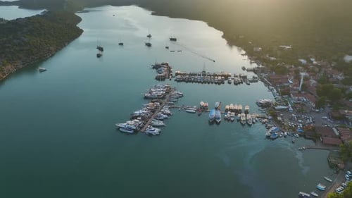 Aerial View Scenic Waterfront in a Small Village Full of Yachts and Sailboats