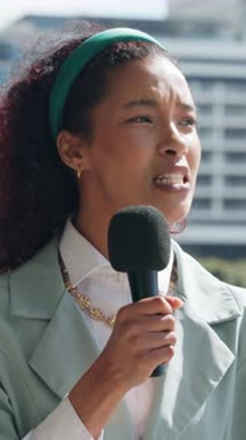 Reporter, face and woman with mic in city for live television, breaking news and story update