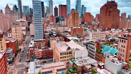 Footage above old multi-storied blocks of flats in the neighborhood of New York, USA.