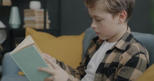 Young Boy Reads a Book on the Couch