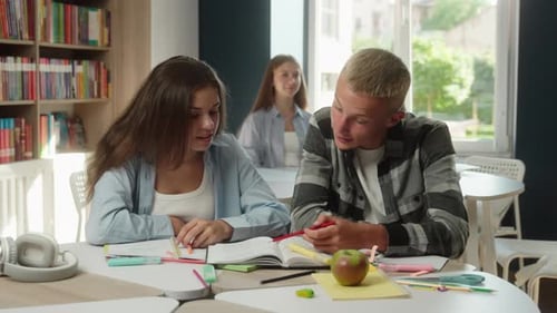 Fille caucasienne étudiant ensemble Leçon Apprentissage de deux élèves lycéens Femme Homme