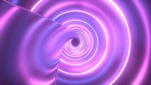 Inside Futuristic Neon Ultraviolet Ring Tunnel Twisty Reflection Road - 4K
