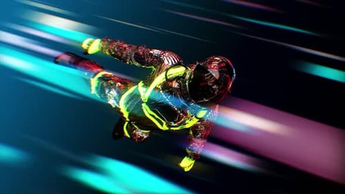 Combinaison spatiale futuriste au néon, parachutisme, vol à grande vitesse, aventure et action. 4K Vidios