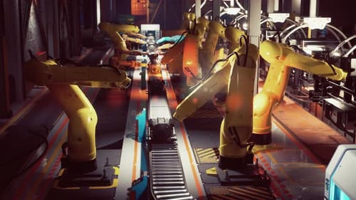 Automated Assembly Line with Robotic Arms in a Modern Factory Setting