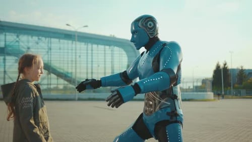 A Little Girl Greets Her Robot Friend Hugging It Future Machine Intelligence Artificial Humanoid