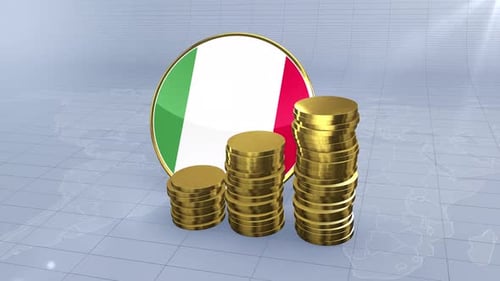 Italian Economy Growth with Flag and Gold Coin Stacks Animation