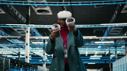 Data Center Smiling Programmer Uses VR Headset Technology