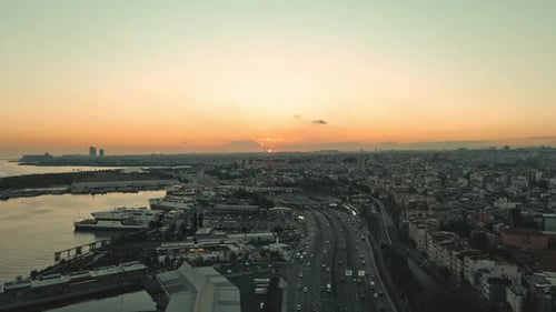 port city at sunset