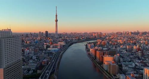 TOKYO JAPAN. Aerial view 4k video by drone of Tokyo sky tree in Tokyo city Japan