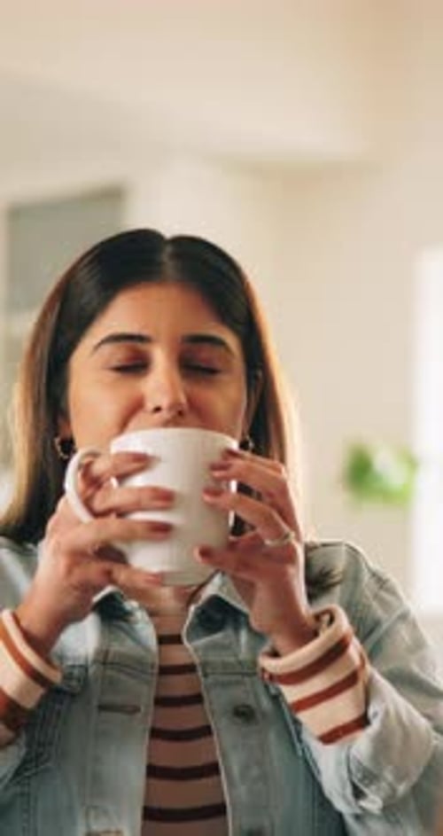Woman, coffee and aroma with couple in home, happiness and conversation with warm beverage on break