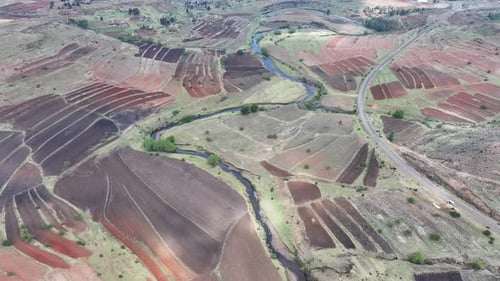 Farmland in the high mountains of Lesotho - Aerial View